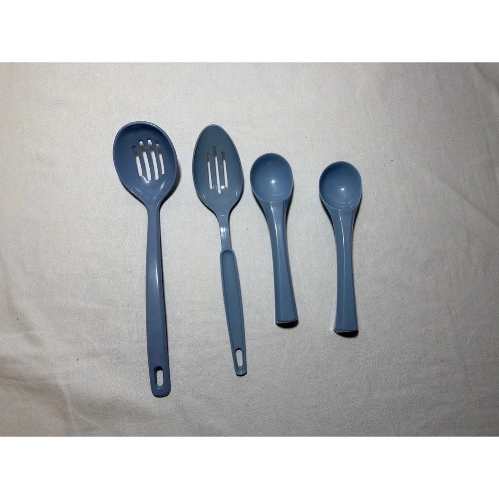 Vintage EKCO Slate Blue Melamine Kitchen Utensil Set 4pc‎ Slotted Serving Spoons